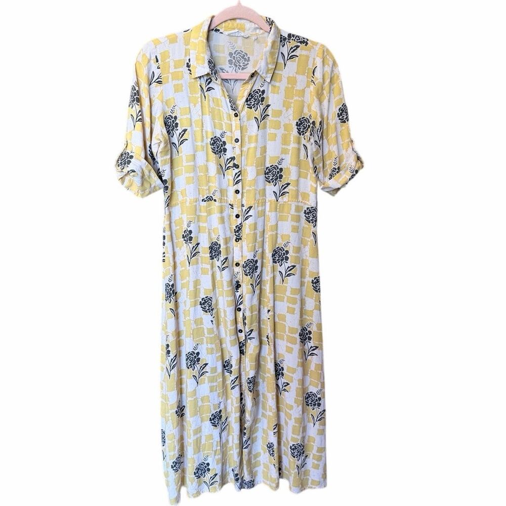 Bombay & paisley yellow white black floral button front midi dress small pockets